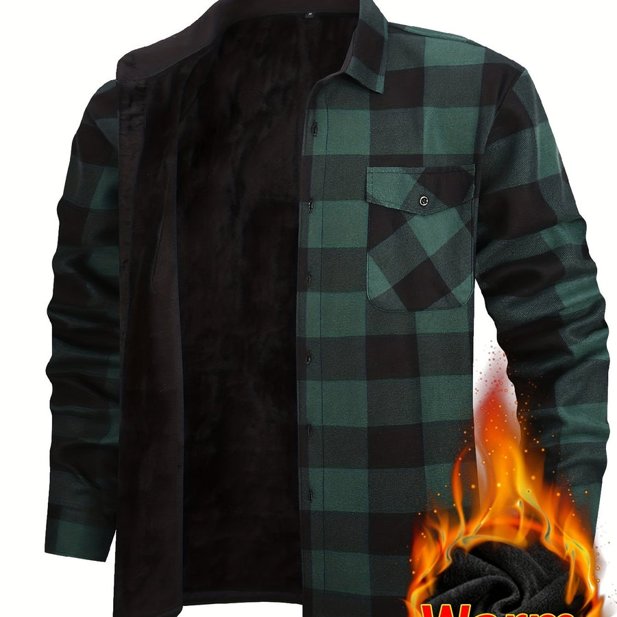 Men's Fleece-Lined Plaid Button-Up Shirt Jacket