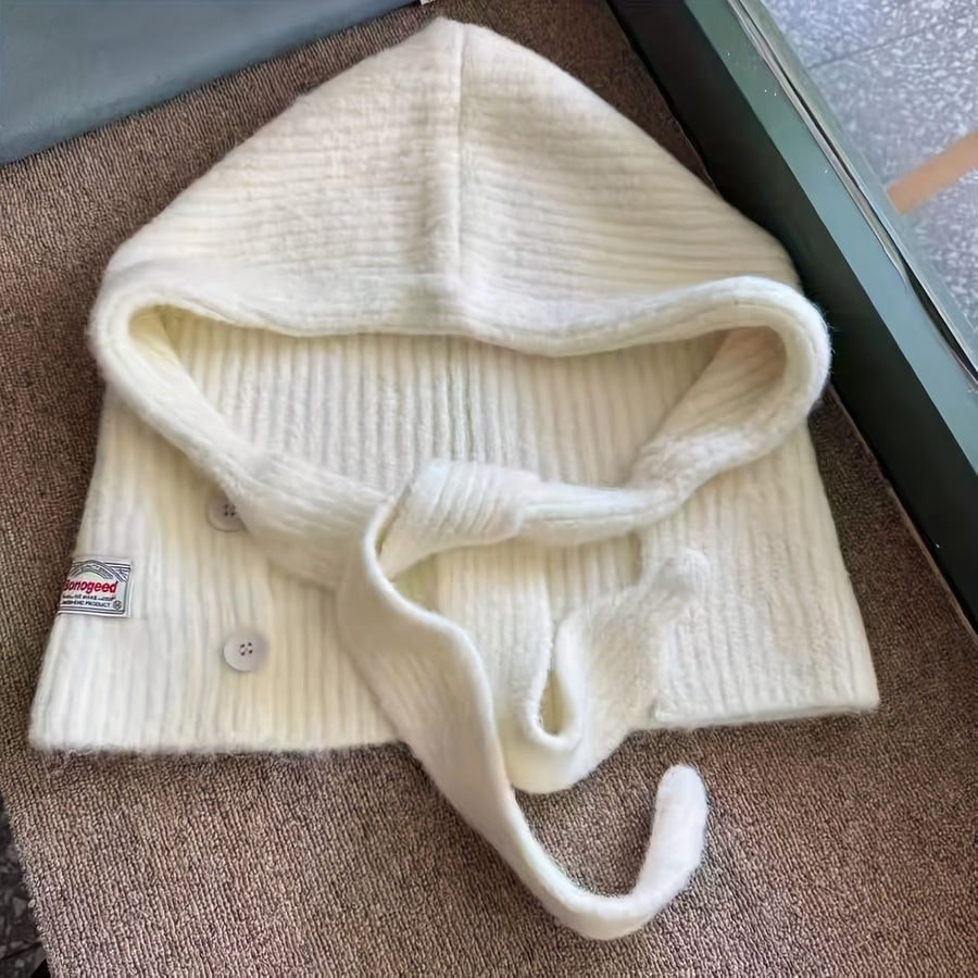 Stickad balaclava med huva och knappar i mjukt material