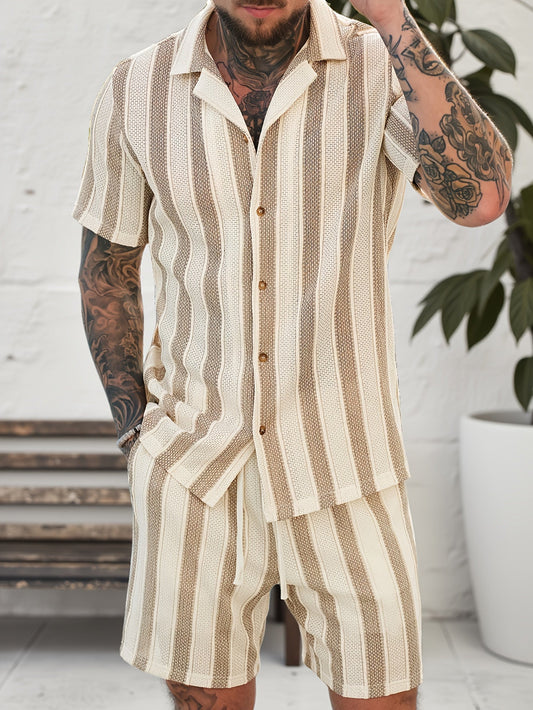Herr Set med Kortärmad Skjorta och Shorts – Randigt, Avslappnad Sommarstil