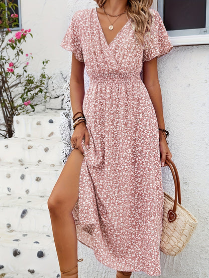 Damklänning Elegant V-ringad Blommig Sommarklänning med Kort Ärm och Slits