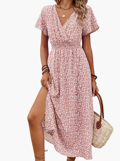 Damklänning Elegant V-ringad Blommig Sommarklänning med Kort Ärm och Slits