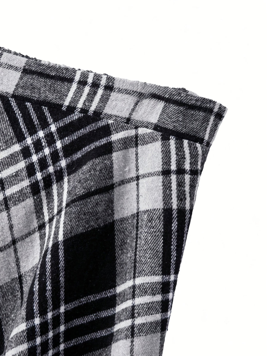 Rutig damkjol med A-linje, lång modell, elastisk midja, mjukt material