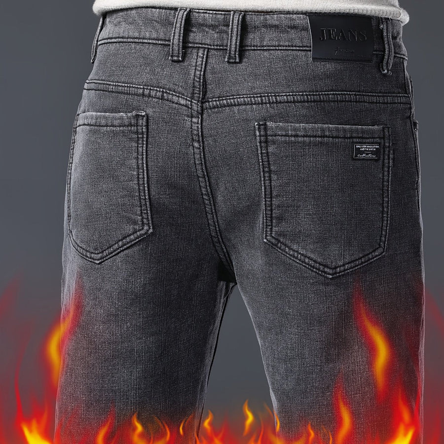Herrjeans i grå denim med fickor och bälteshällor, klassisk passform