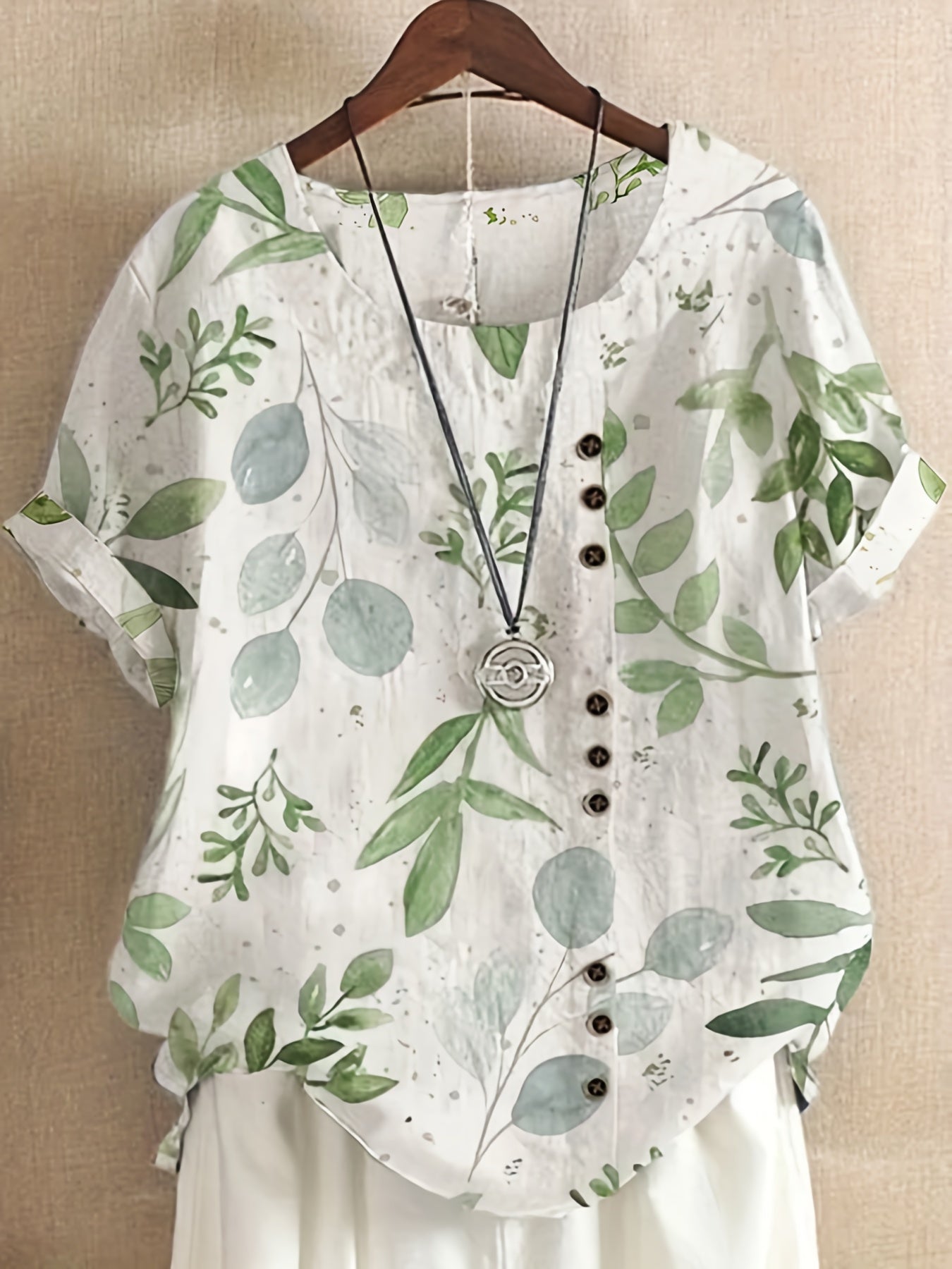 Dam Blus Vintage Blommig Kortärmad Sommartopp med Knappar