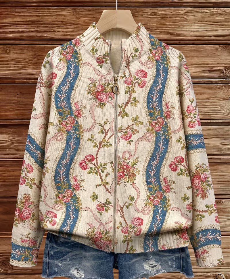 Kvinnors Blommig Tröja med Dragkedja och Ståkrage, Beige/Rosa/Blå Mönster