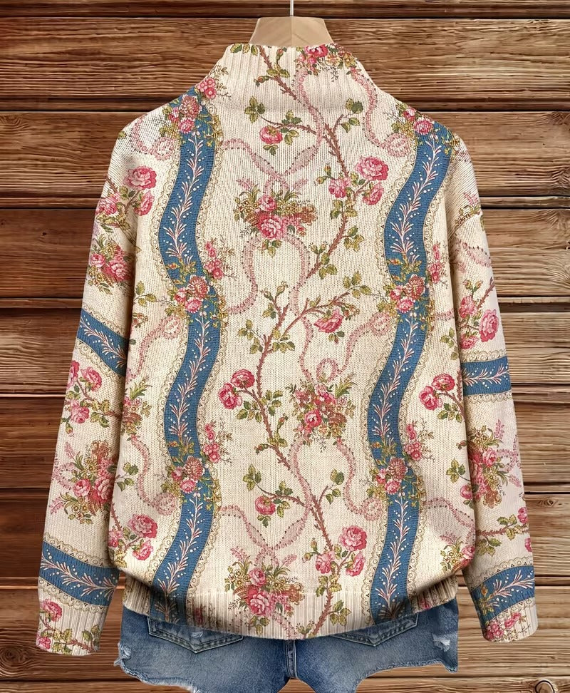 Kvinnors Blommig Tröja med Dragkedja och Ståkrage, Beige/Rosa/Blå Mönster