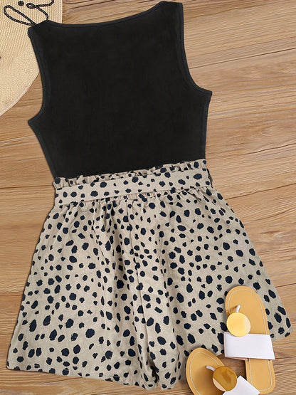 Dam Shorts Set med Prickigt Mönster och Elegant Linne – Perfekt för Vår och Sommar