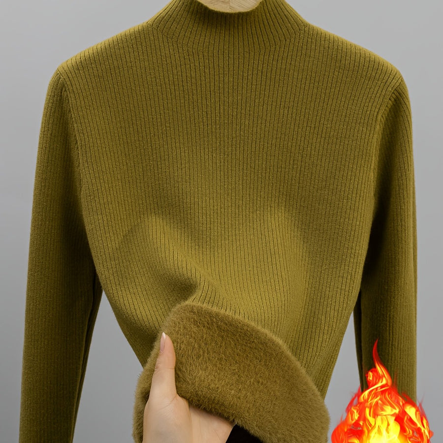 Dam ribbstickad tröja med hög krage och mjukt foder