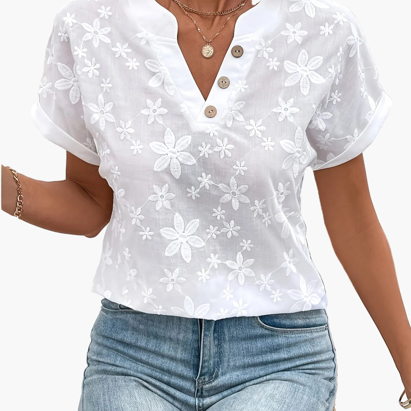 Dam Blus Somrig Elegant Blommig V-ringad Kortärmad Top – Perfekt för Vardag och Fest