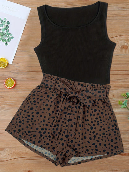 Dam Shorts Set med Prickigt Mönster och Elegant Linne – Perfekt för Vår och Sommar