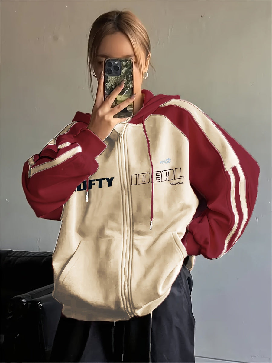Damhoodie med dragkedja, huva och tre ränder på ärmarna