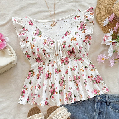 Dam Peplum Blus med Blommigt Mönster och Broderi – Romantisk Sommarstil för Vardag och Fest