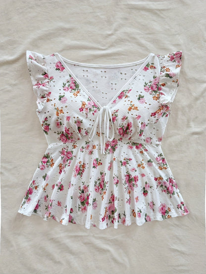 Dam Peplum Blus med Blommigt Mönster och Broderi – Romantisk Sommarstil för Vardag och Fest