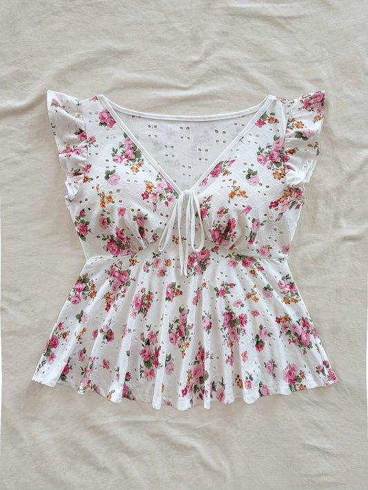 Dam Peplum Blus med Blommigt Mönster och Broderi – Romantisk Sommarstil för Vardag och Fest