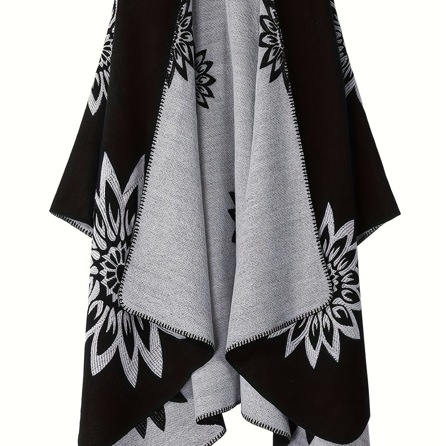 Vändbar poncho med blommönster, svart och grå