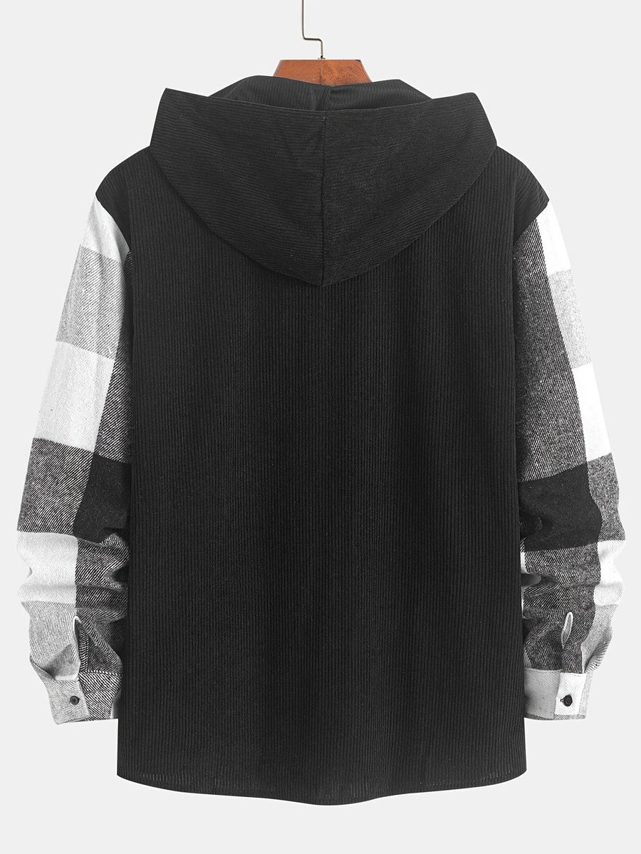 Rutig Overshirt med Huva för Herr, Brun Corduroy Huva och Bröstficka, Knappstängning
