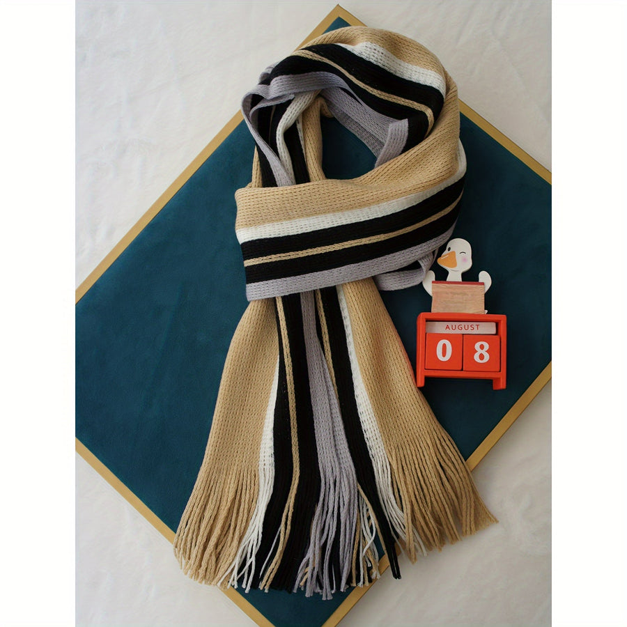 Men's Striped Fringed Color Blocked Winter Scarf