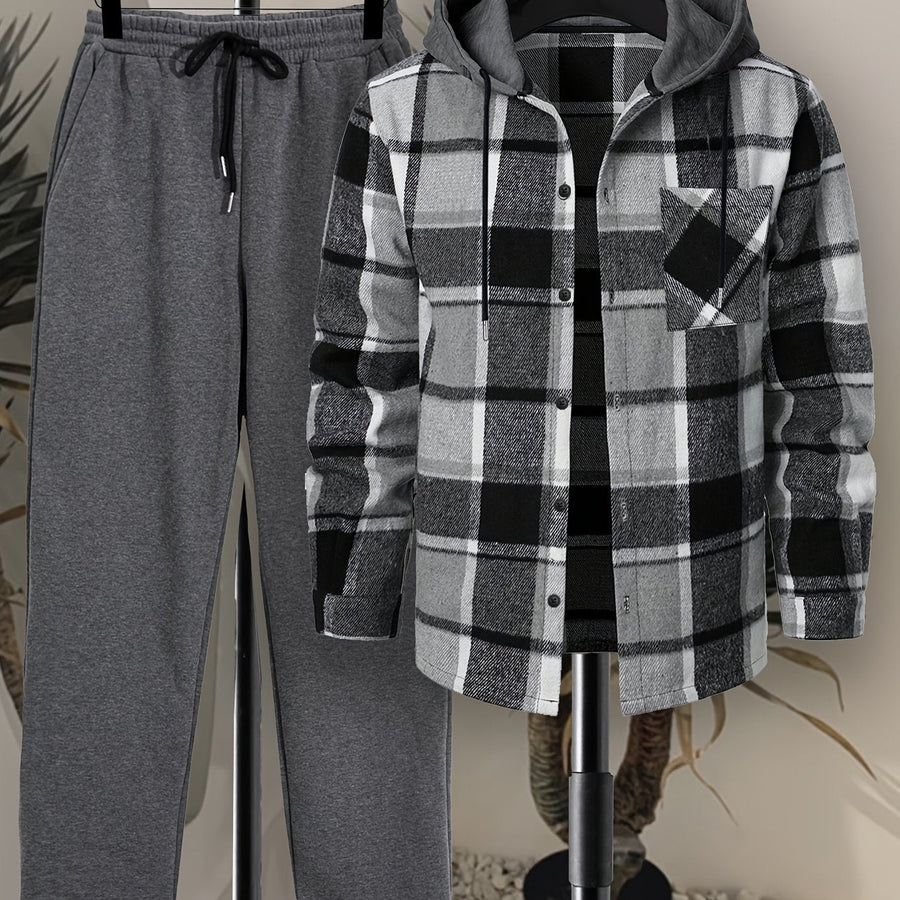 Rutig Hoodietröja med Skjortkrage och Byxor, Herrset med Långärmad Tröja och Sweatpants