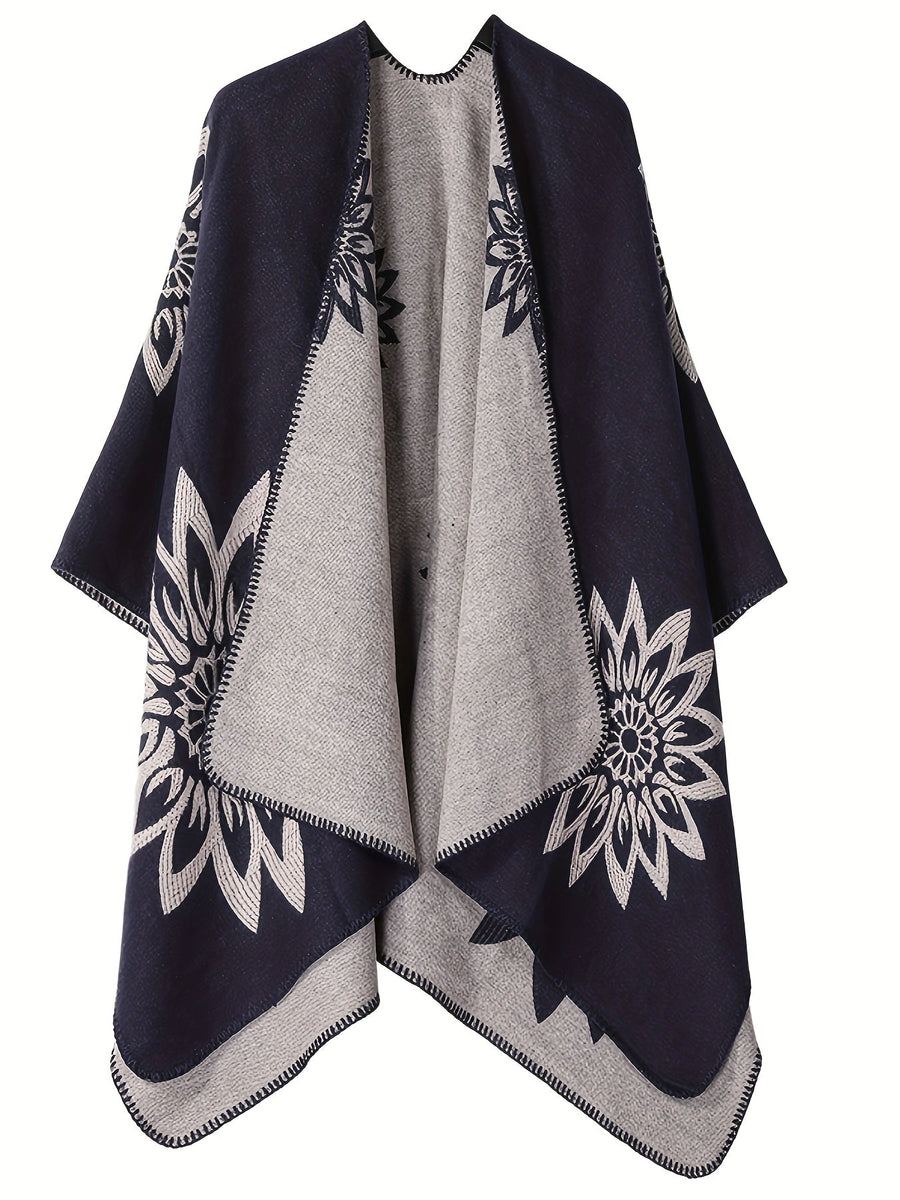 Vändbar poncho med blommönster, svart och grå