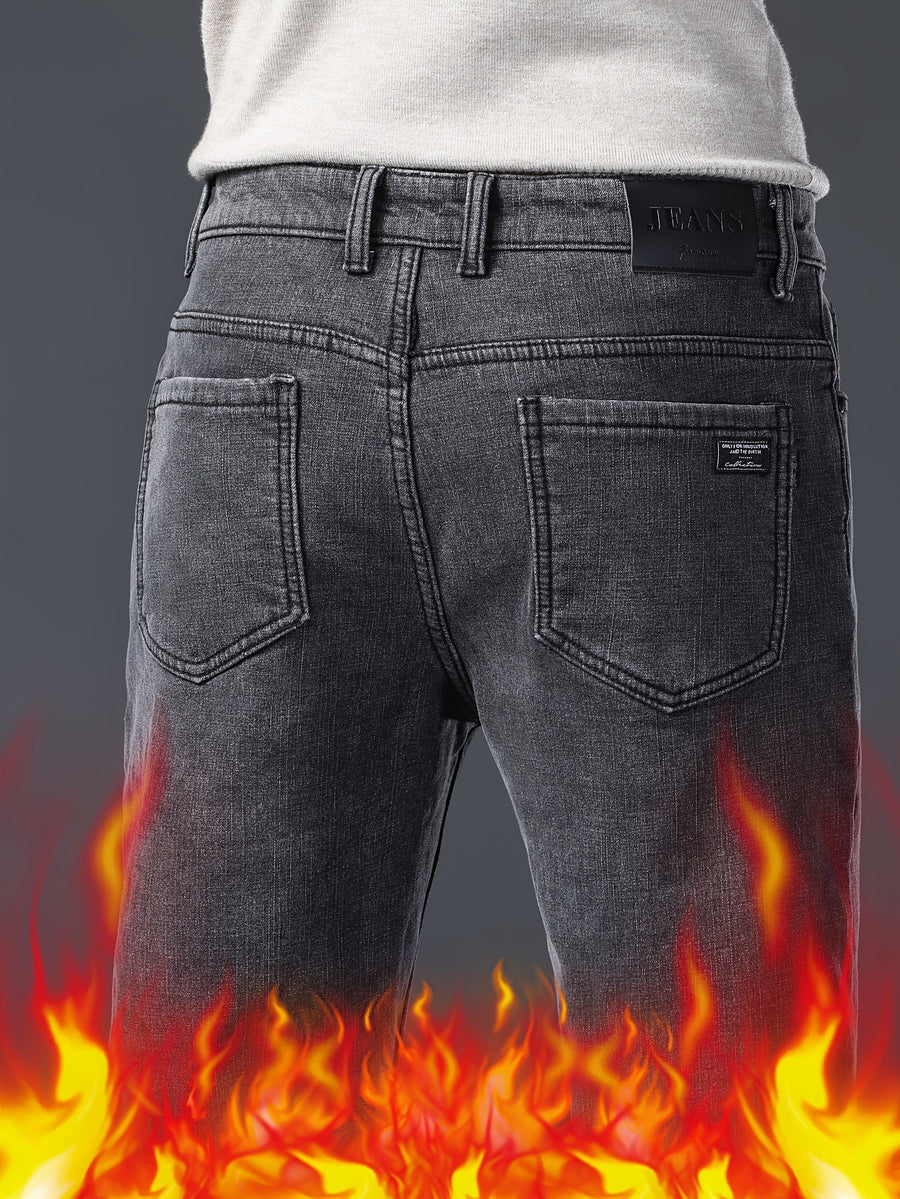 Herrjeans i grå denim med fickor och bälteshällor, klassisk passform