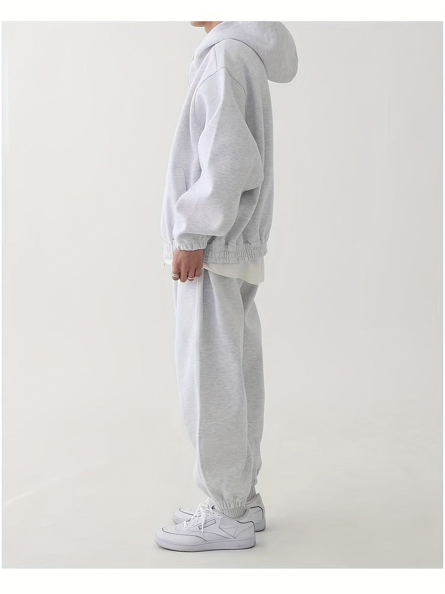 Hoodie och Mjukisbyxor Set, Ensfärgad Träningsset med Dragkedja