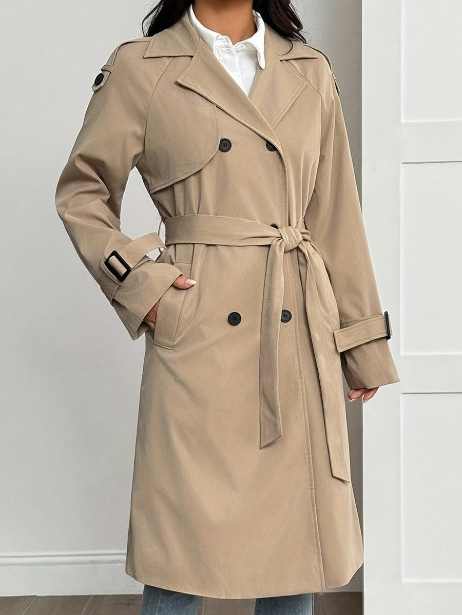 Khakifärgad Varm Trenchcoat med Dubbelknäppning och Fuskpälsfoder för Dam