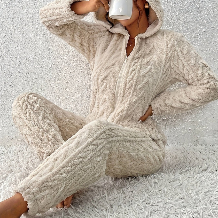Dam Beige Teddy Overall med Huva och Dragkedja