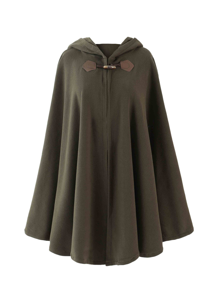 Fleeceponcho med huva och knäppning, enfärgad damponcho