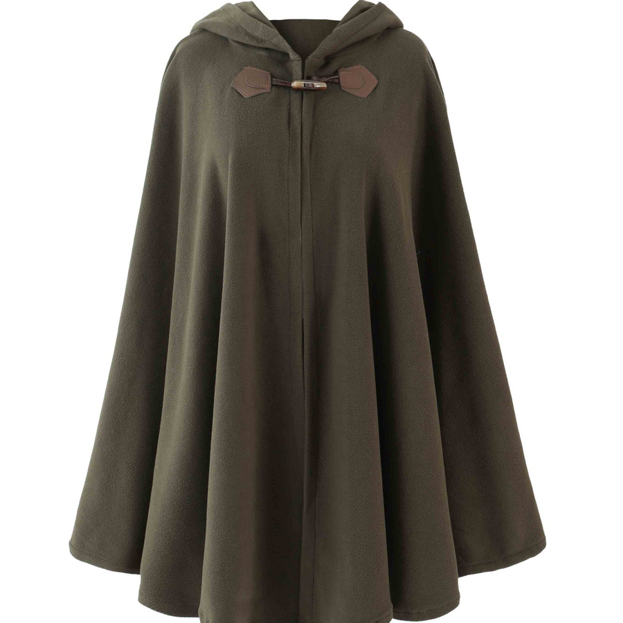 Fleeceponcho med huva och knäppning, enfärgad damponcho