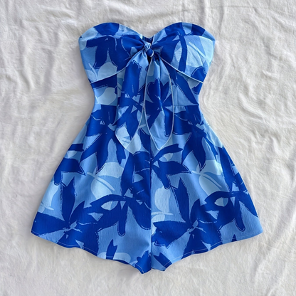 Dam Playsuit Strandstil med Axelbandslös Söt Hjärtringning och Blommigt Mönster
