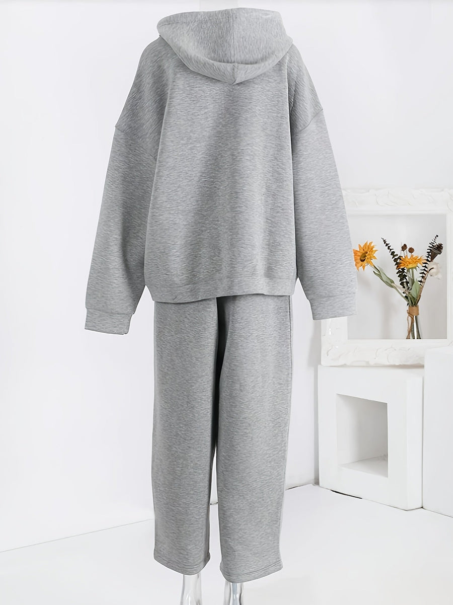Grå hoodie-set med dragkedja och vida byxor, avslappnad passform
