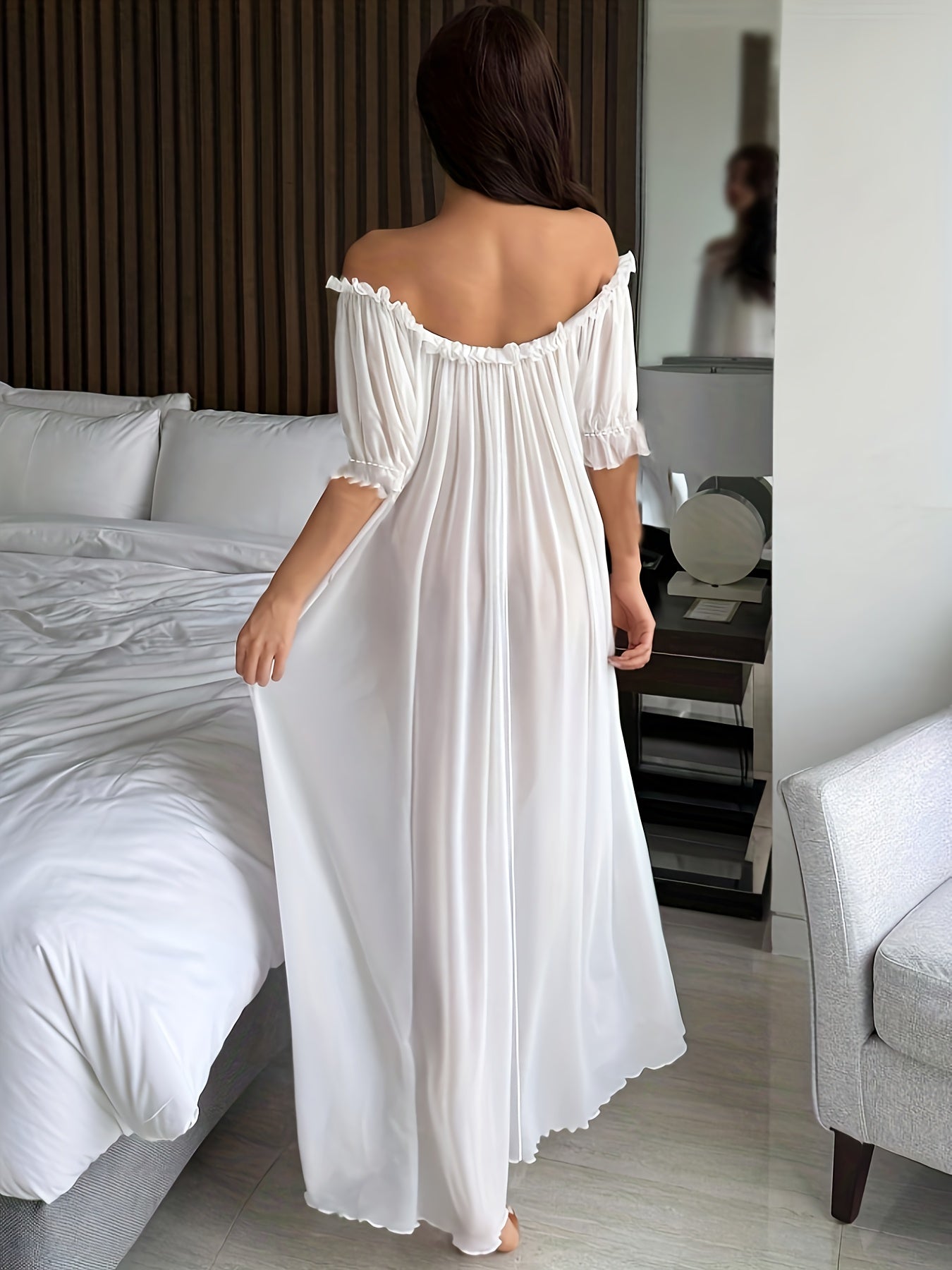 Dam Elegant Off Shoulder Lång Nattklänning med Volang – Sovplagg för Alla Säsonger