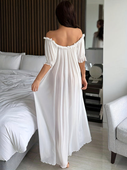 Dam Elegant Off Shoulder Lång Nattklänning med Volang – Sovplagg för Alla Säsonger