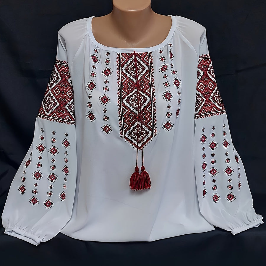 Vit Damblus med Broderat Mönster och Lång Ärm, Rund Halsringning