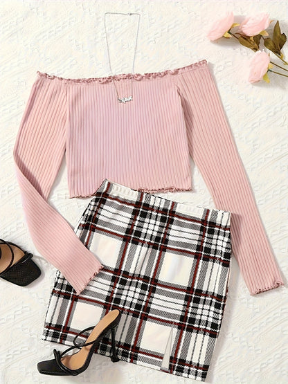 Damset – Elegant Off Shoulder Top och Rutig Kjol – Perfekt för Vår och Sommar