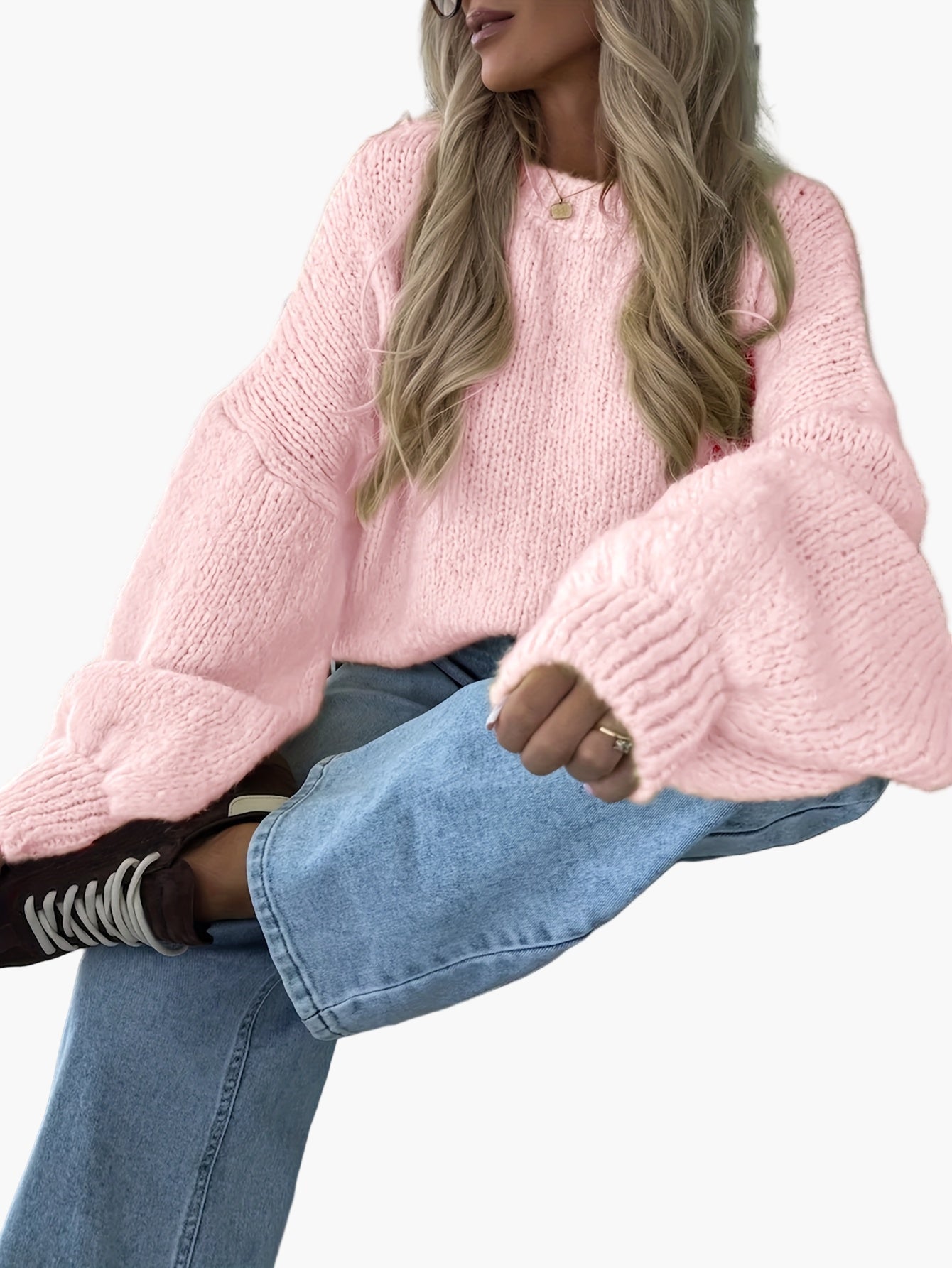 Damstickad oversized tröja med ballongärmar för höst och vinter, avslappnad stil