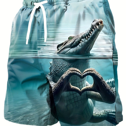Herr Badshorts Rolig Krokodil Med Hjärtformade Händer – Trendiga Strandshorts För Sommar & Bad