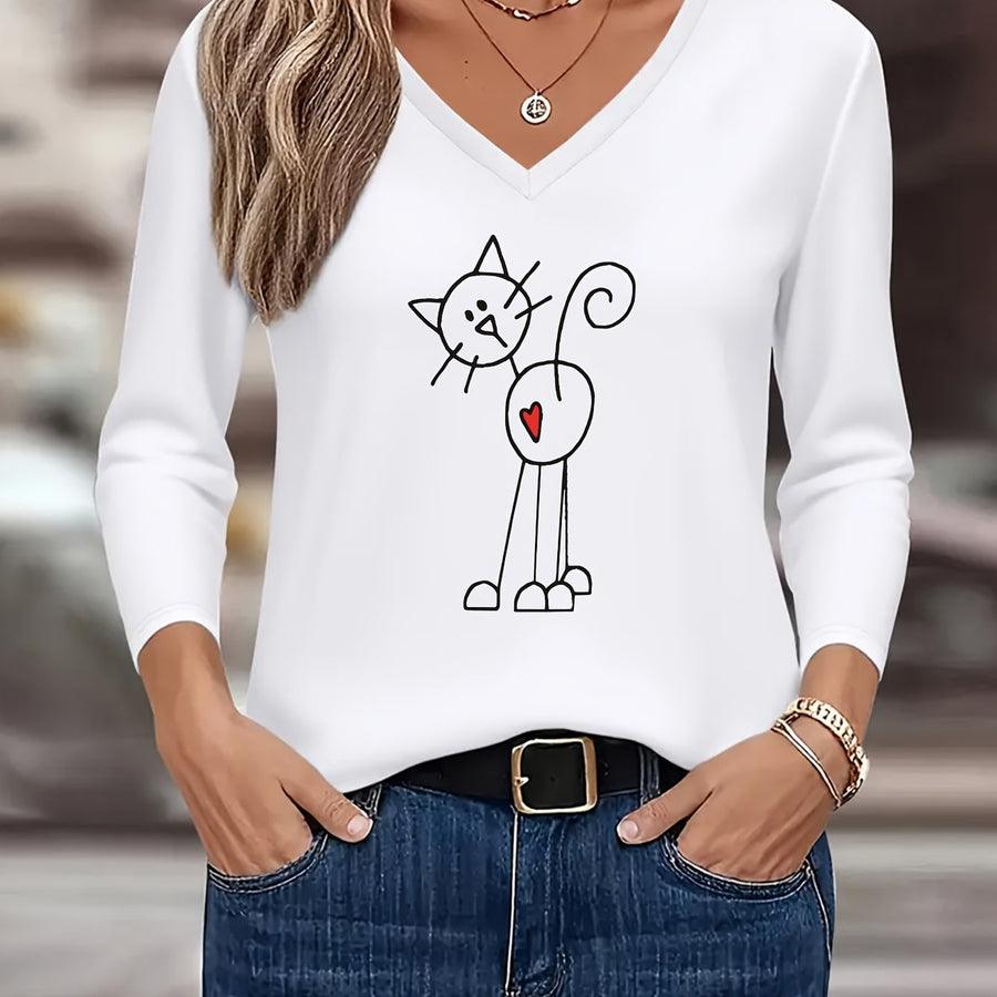 Dam T-shirt med lång ärm, V-ringning och kattryck