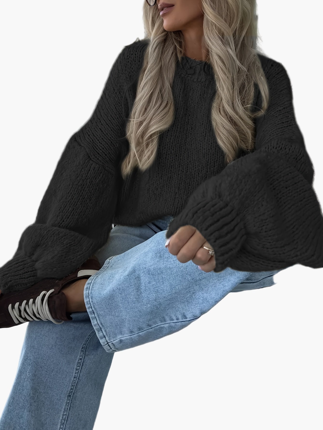 Damstickad oversized tröja med ballongärmar för höst och vinter, avslappnad stil