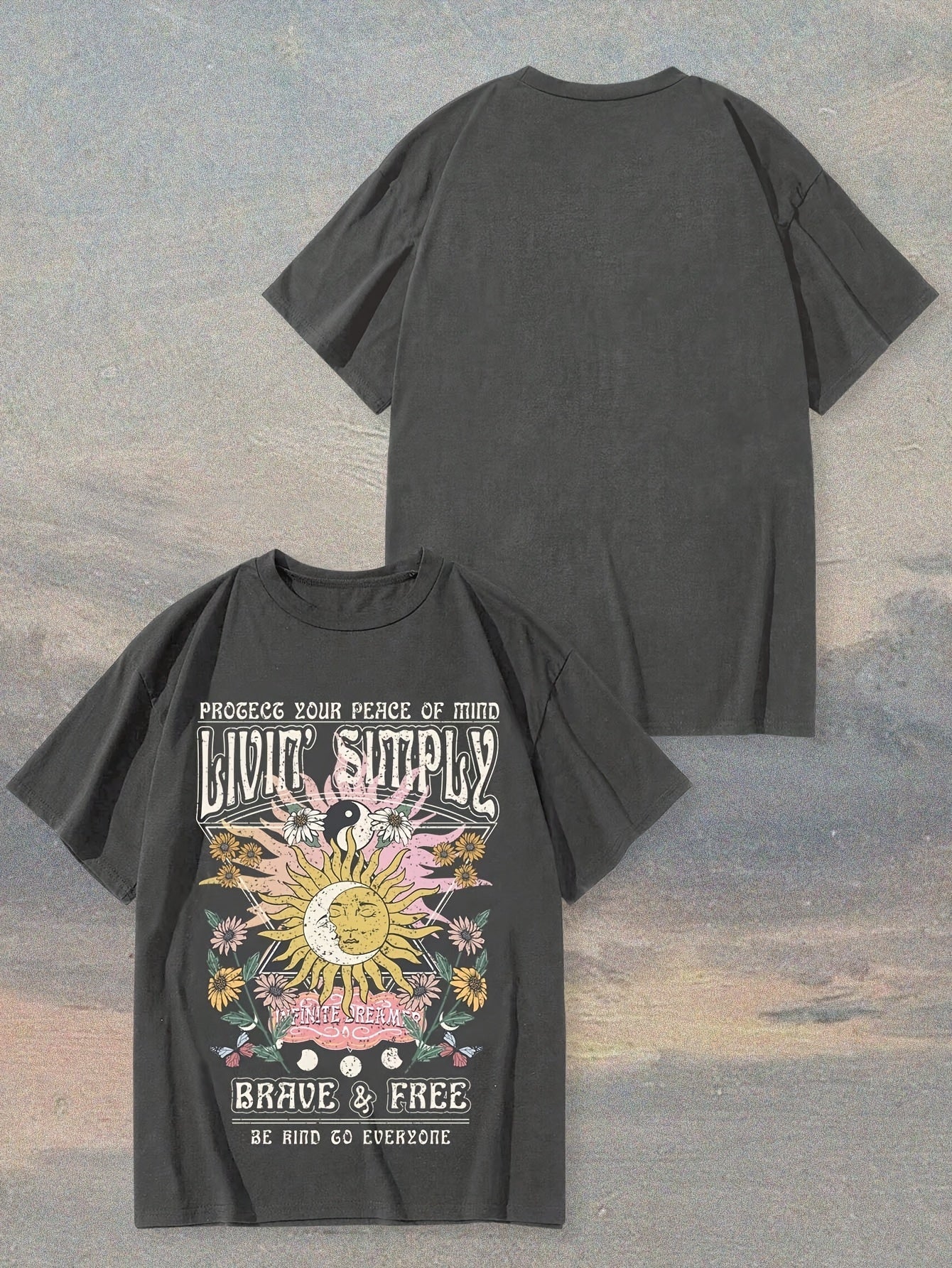 Dam T-shirt med Boho-tryck och inspirerande text, avslappnad stil