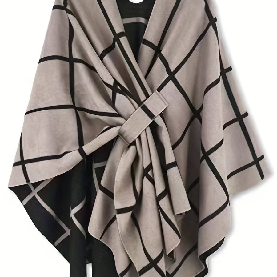 Damponcho Rutigt Mönster Beige Svart Med Sjalkrage