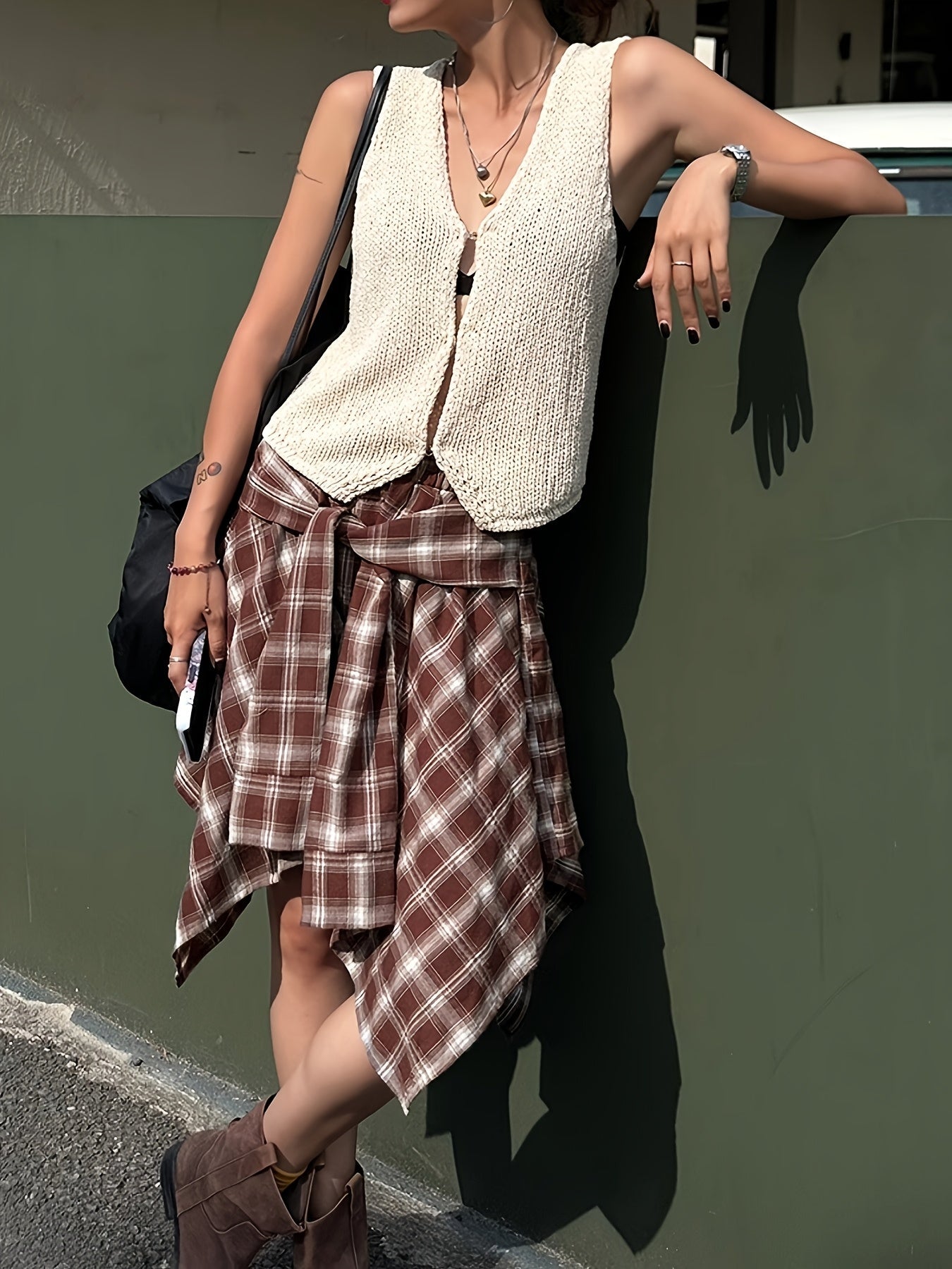 Dam Kjol Asymmetrisk Skjortstil Rutig Streetwear Urban Stil