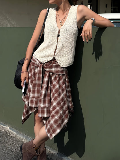 Dam Kjol Asymmetrisk Skjortstil Rutig Streetwear Urban Stil