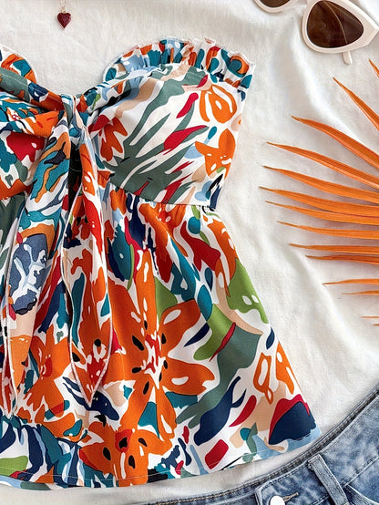 Dam Bandeau Knuten Kort Top – Somrig Blommig Design för Semester & Strand