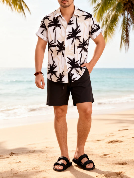 Herr Skjorta med Palmtryck och Shorts – Semesterset för Strand och Sommar