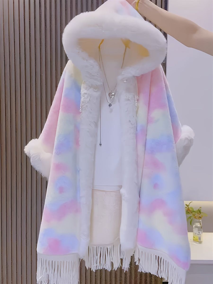 Regnbågsfärgad Fuskpäls Cape Poncho med Huva och Fransar