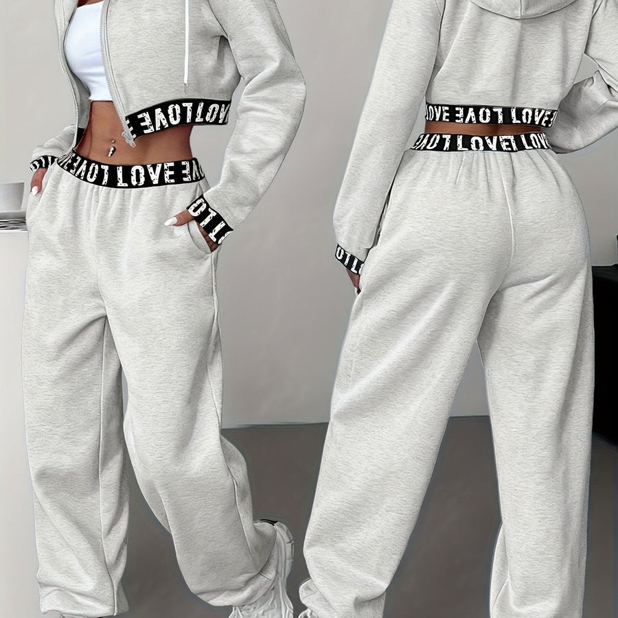 Dam Träningsset Crop Hoodie och Joggingbyxor med Hög Midja, Bokstavsmönster
