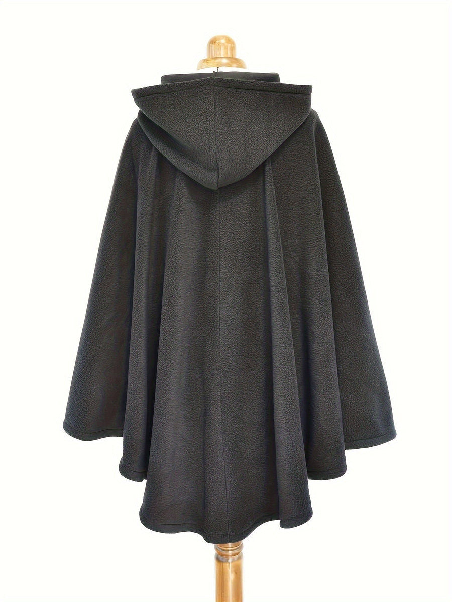 Fleeceponcho med huva och knäppning, enfärgad damponcho