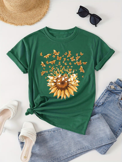 Dam T-shirt med solros och fjärilar, avslappnad stil, vår/sommar