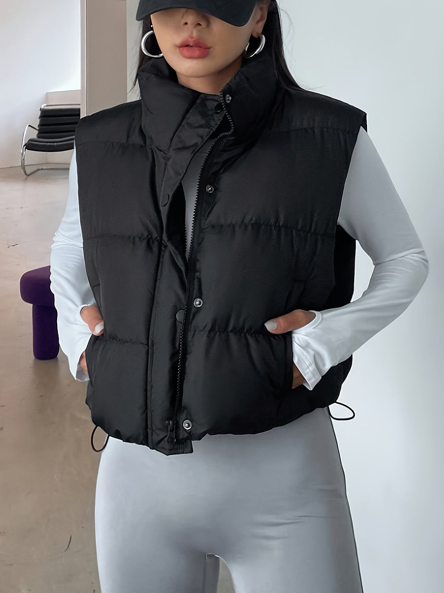 Svart Puffer Väst med Hög Krage och Dragsko